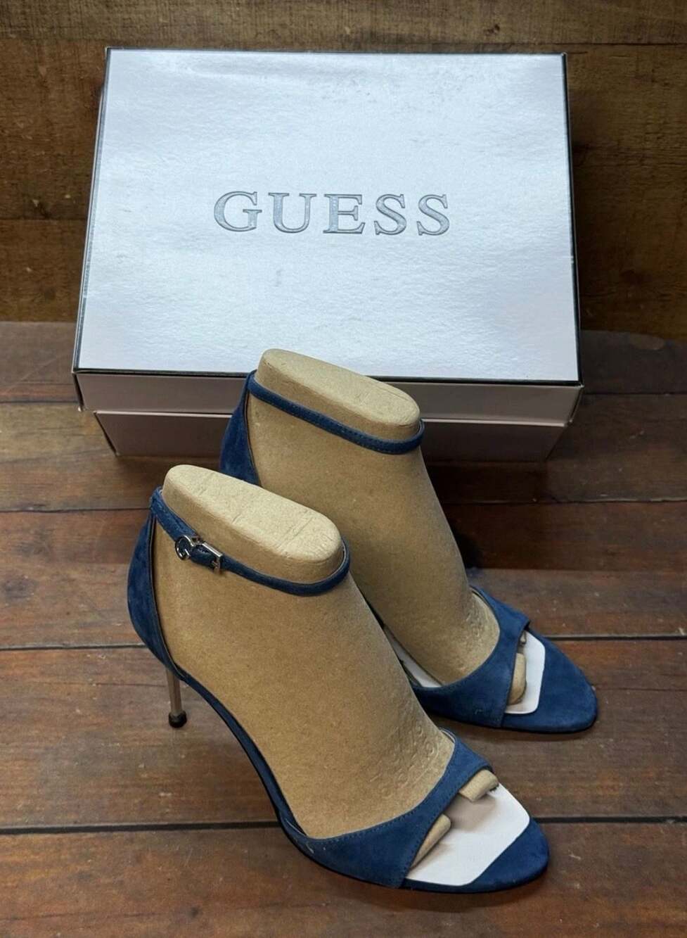 Guess Seena2 Size 8M Blue Suede Ankle Strap Stiletto Heels